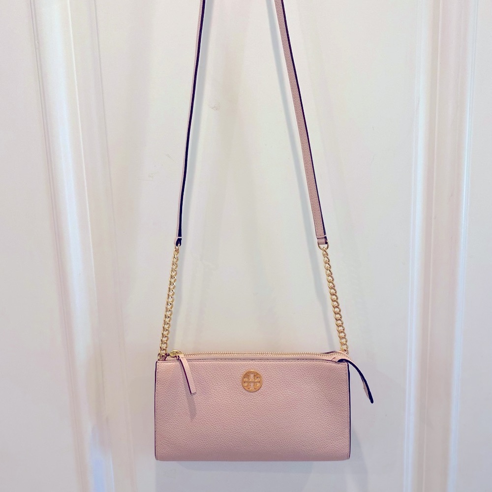 Tory Burch Everly Mini Top-Zip Cross-Body in Shell Pink